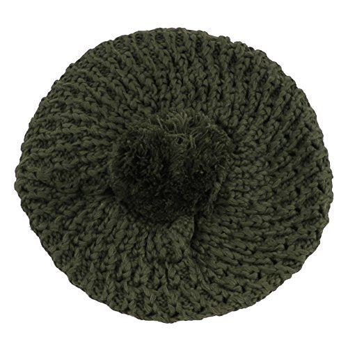Morehats Thick Crochet Knit Pom Pom Beret Winter Ski Hat - color: Olive