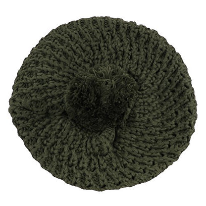 Morehats Thick Crochet Knit Pom Pom Beret Winter Ski Hat - color: Olive