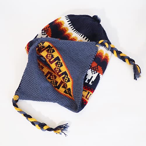 Alpaca Wool Blend Winter Hat Chullo Inca Peruvian Design Reversible with Earflaps. Beanie Medium Size. Unisex - color: Navy Blue/Steel Blue