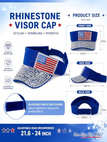 Women Shiny Rhinestone Bling Sun Visor Adjustable Tennis Beach Ponytail Hat - color: Blue-usaflag