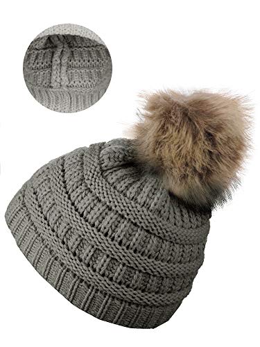 C.C Children's Kids' Soft Stretch Cable Knit Faux Fur Pom Beanie Hat - color: Light Melange Gray