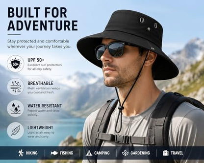AVYZA CO. Wide Brim Sun Hat for Men & Women UPF 50+ Lightweight Waterproof Hat for Fishing & Hiking - color: Black