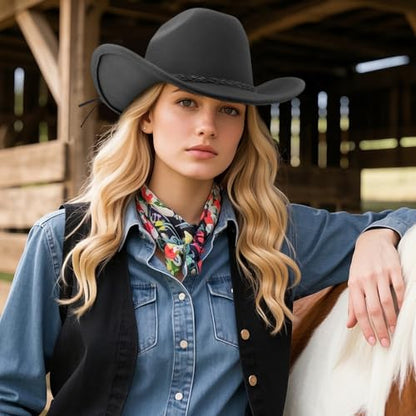 DRESHOW Western Cowboy Hat for Men Women Cowboy Cowgirl Hat Outdoor Wide Brim Retro Felt Fedora Hats Unisex Rolled up Caps - color: 1 Pack Style 9: Dark Gray With Braided Band