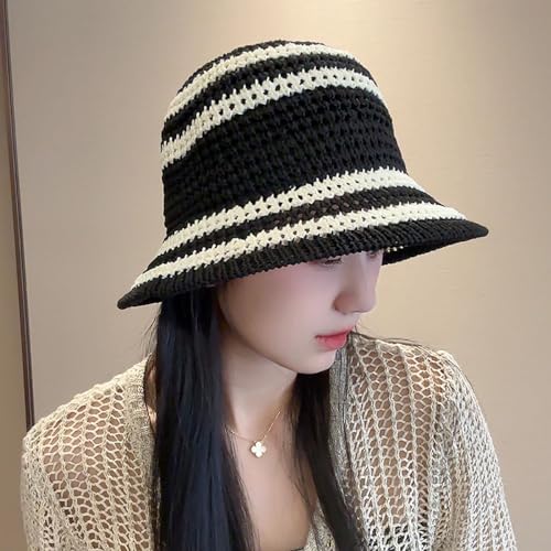 Gogobear Summer Straw Sun Hat for Women Outdoor Striped Beach Bucket Hat - color: Black
