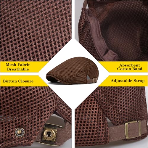 meioro Mens Breathable Mesh Summer Hat Adjustable Flat Cap Newsboy Beret Ivy Cap Irish Cabbie Fishing Hats - color: Coffee