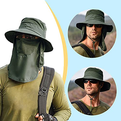 Fishing Hat for Men & Women, Sun Protection Hat with Face Cover & Neck Flap - color: Army Green