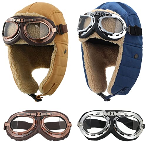 JaGely 4 Pcs Pilot Hat and Goggles Flight Costume Accessories Pilot Helmet Cap with Ear Flaps Hat Adults Winter - color: Blue and Khaki, style: Classic