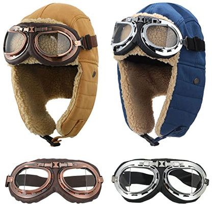 JaGely 4 Pcs Pilot Hat and Goggles Flight Costume Accessories Pilot Helmet Cap with Ear Flaps Hat Adults Winter - color: Blue and Khaki, style: Classic