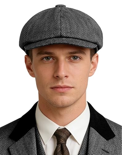 Adult 1920s Newsboy Cap for Men British Gangster Style Costume Baker Wool 8-piece Cap Halloween - color: Grey Herringbone, size: L (23.6")