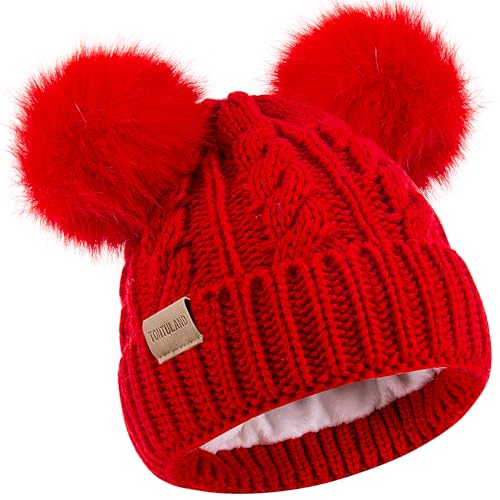 Kids Winter Beanie Children’s Warm Knitted Fleece Lined Ski Pom-Pom Hat for Boys & Girls 3-9 Years - color: Red