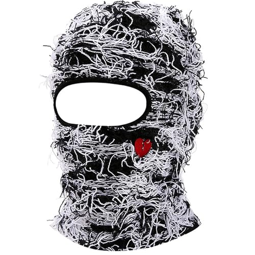 KORADI Women's Balaclava Mens Distressed Tassel Knit Hat Ski Full Face Masks Hats Winter Heart Embroidery Y2k Beanies - color: Black&white