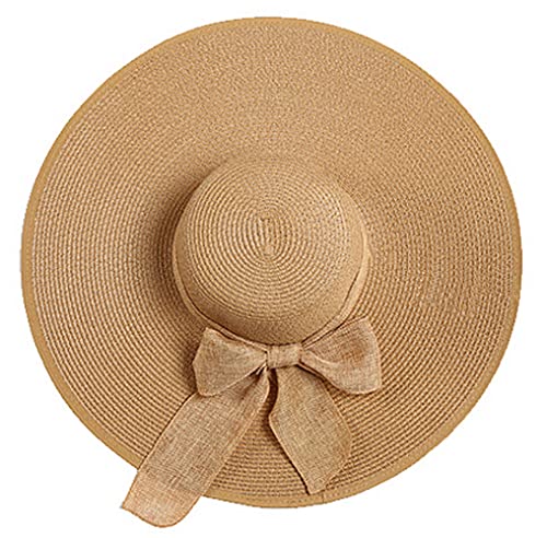 ericotry 1PC Women Foldable Floppy Beach Cap Wide Brim Sun Protection Straw Hat Big Bowknot Summer Sun Hat UPF 50+ (Khaki)