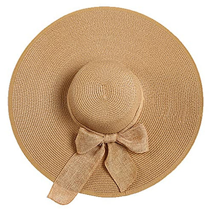 ericotry 1PC Women Foldable Floppy Beach Cap Wide Brim Sun Protection Straw Hat Big Bowknot Summer Sun Hat UPF 50+ (Khaki)