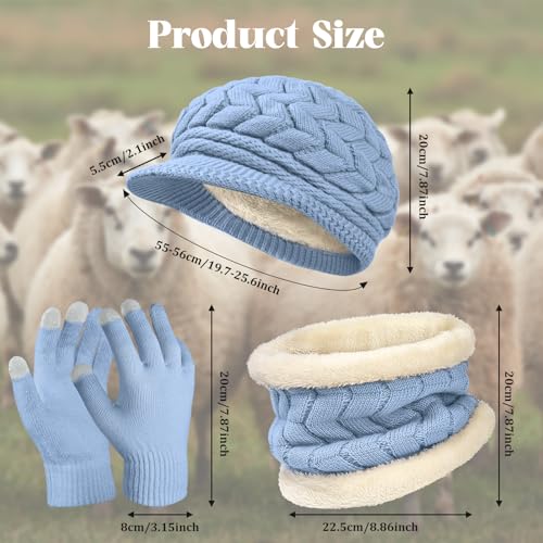Loritta 3 in 1 Womens Winter Hat Gloves Scarf Set, Warm Hat Mittens - color: Blue