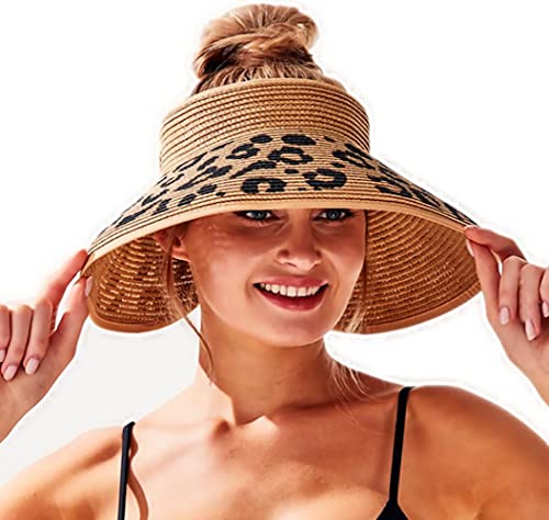 Women Sun Visors Wide Brim Foldable Packable Ponytail Beach Hat Straw Leopard Roll Up Bow Visor Sun Hats - color: Leopard