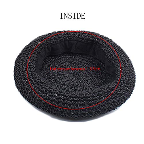 Straw Beret Summer French Beret Hats for Women Artist Crochet Beret - color: Black