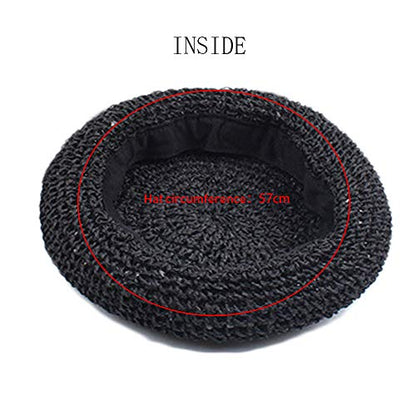 Straw Beret Summer French Beret Hats for Women Artist Crochet Beret - color: Black