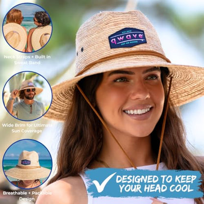 Qwave Packable Stone-Washed Straw Lifeguard Hat for Men and Women - Beach Straw Hat Protects from Summer Sun - color: Gnarly Navy