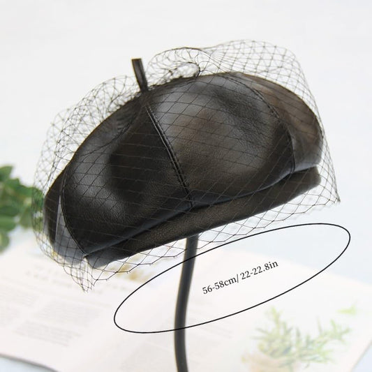Fashion Soft PU Leather Beret Hat Beanie British Military Berets for Women - color: Black With Veil, size: 6 7/8-7 1/8