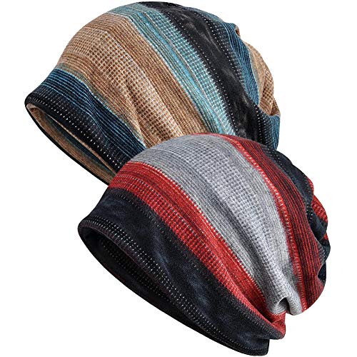 XYIYI Womens Chemo Headwear Hats Cotton Slouchy Beanie Cap Scarf - color: 2pcs Stripe-d