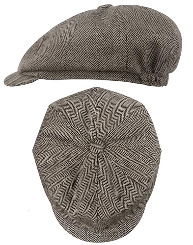 Adult 1920s Newsboy Cap for Men British Gangster Style Costume Baker Wool 8-piece Cap Halloween - color: Brown Herringbone, size: L (23.6")