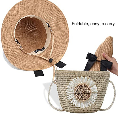 Sun Straw Hat for Women with Wind Lanyard Wide Brim Foldable Beach Summer Hats Womens UV 50+ Protection Bowknot Cap - color: Khaki