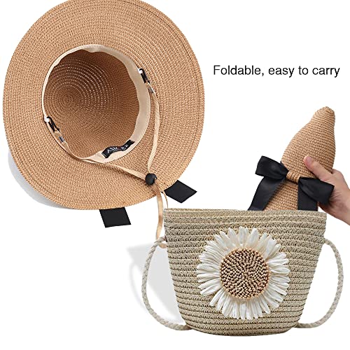 Sun Straw Hat for Women with Wind Lanyard Wide Brim Foldable Beach Summer Hats Womens UV 50+ Protection Bowknot Cap - color: Yellow