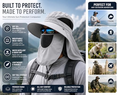 Sun Hat with Neck Flap and Face Cover, Wide Brim Fishing Hat with Mesh Ventilation, UPF 50+ UV Protection - color: Light Grey