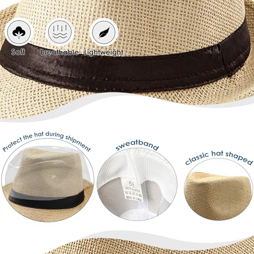 Straw Fedora Hat for Men Panama Hat Short Brim Summer Sun Hat - color: Black Belt-khaki