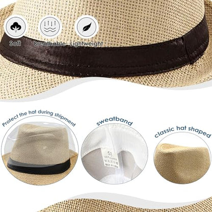 Straw Fedora Hat for Men Panama Hat Short Brim Summer Sun Hat - color: Black Belt-khaki