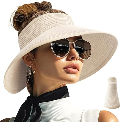 PFFY Sun Visor Hats for Women Wide Brim Straw Packable Ponytail Beach Hat - color: Beige