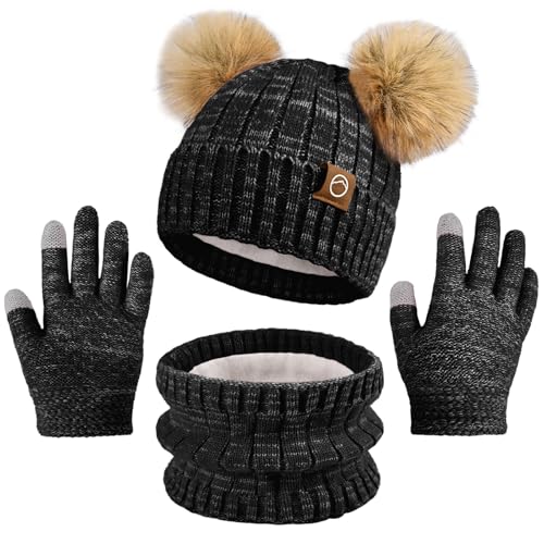 Kids Winter Hat Gloves Scarf Set Girls, Children Beanies Hats with Pom Pom - color: Black Mix