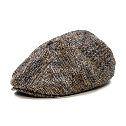 Sterkowski Peaky | 100% Harris Tweed Newsboy Cap for Men and Women | Warm Classic Elegant 8 Panels Hat - color: Brown/Blue Check, size: 7