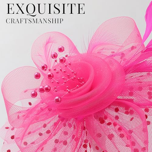 DRESHOW Fascinators Hat Flower Mesh Ribbons Feathers on a Headband and a Clip Tea Party Headwear for Girls and Women - color: 7" Diameter / Fuschia