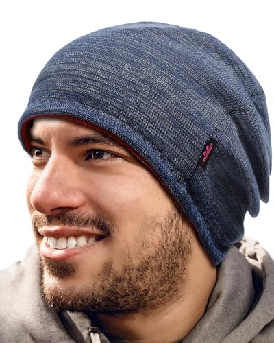Lvaiz Winter Fleece Lined Beanie Hat for Men Women Reversible Skull Cap - color: Blue Grey+wind Red