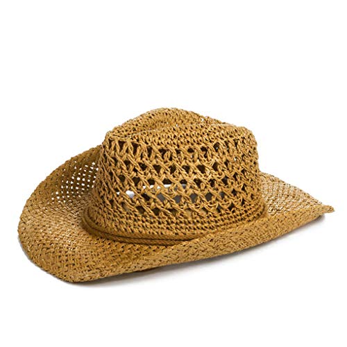 Unisex Straw Hats Summer Floppy Packable Panama Fedora Beach Sun Hat UPF 50+ Adjustable Chin Strap - color: Khaki