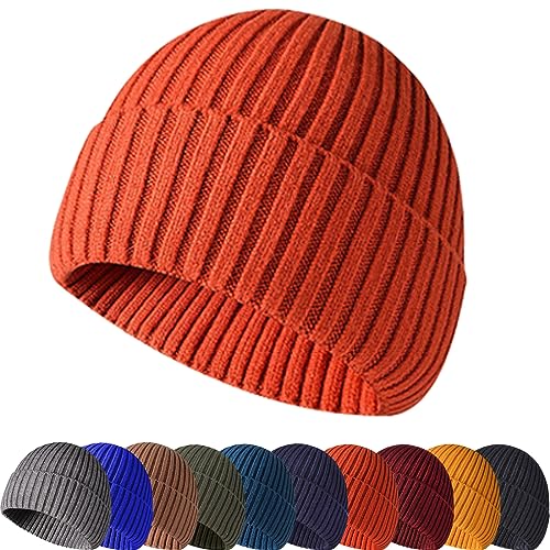 Winter Beanie Hat for Men & Women - Warm Stretchy Skull Cap, Thick Knitted Cuffed Beanies for Cold Weather - color: Orange