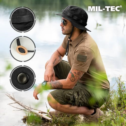 Mil-Tec Unisex Cotton Ripstop Boonie Hat - Durable Lightweight Tactical Outdoor Vented Wide Brim Hat w/Adjustable Chin Strap - color: Black, size: Small