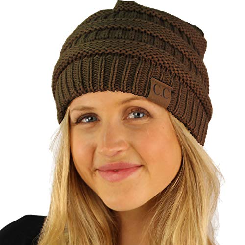 CC Classic Winter Fall Trendy Chunky Stretchy Cable Knit Beanie Hat - color: Solid Brown