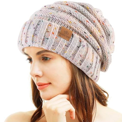 Womens Winter Beanie Warm Knit Hat Cable Stretch Trendy Ribbed Chunky Cap - color: Dot White