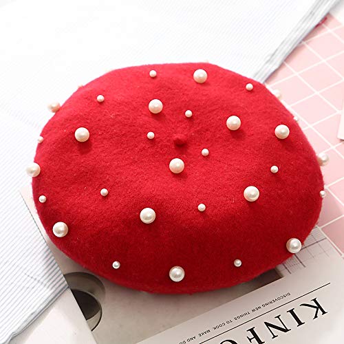 Womens French Beret Hat Winter Warm Artist Beanie Cap Classic Beret Hats - color: Red With Pearl