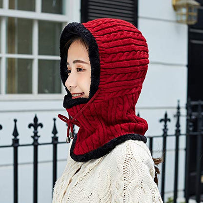 HUAMULAN Women Winter Knit Balaclava Fleece Lined Hooded Beanie Hats - color: Red, size: One Size