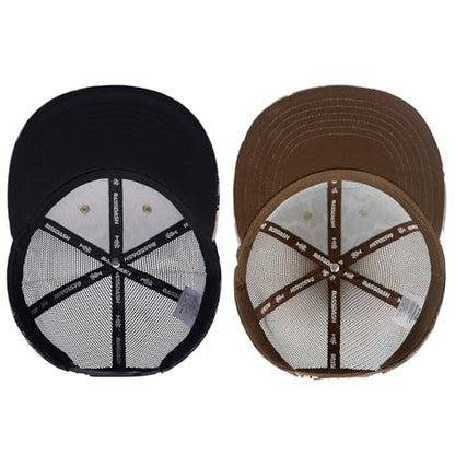 BASSDASH 2 Pack Flat Brim Trucker Cap Adjustable Snapback Hat Mesh Back for Men Women Fishing Hunting - color: Pack of 2, Highland & Color Block Camo