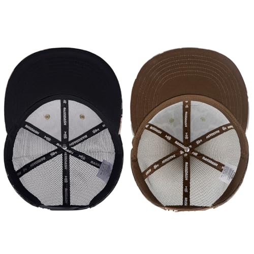 BASSDASH 2 Pack Flat Brim Trucker Cap Adjustable Snapback Hat Mesh Back for Men Women Fishing Hunting - color: Pack of 2, Highland & Color Block Camo