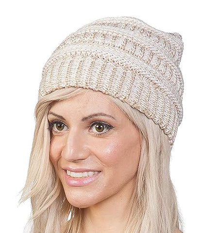 Gravity Threads Knit Soft Stretch Beanie Cap - color: Gold/Ivory