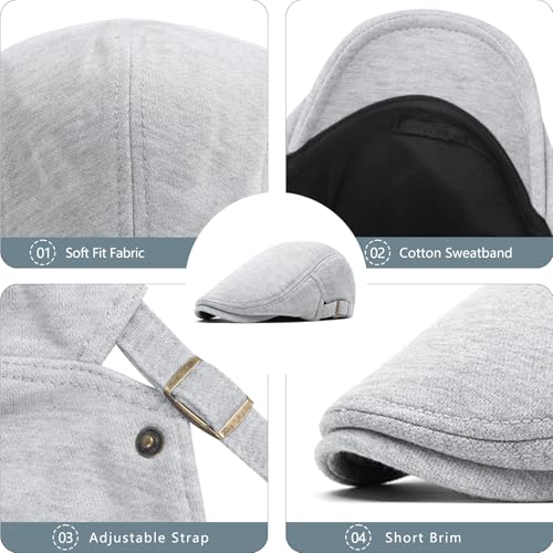meioro Mens Cotton Newsboy Hat Adjustable Soft Fit Flat Cap for Men - color: Light Grey