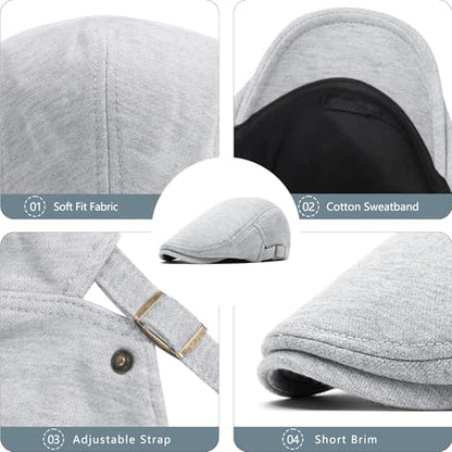 meioro Mens Cotton Newsboy Hat Adjustable Soft Fit Flat Cap for Men - color: Light Grey