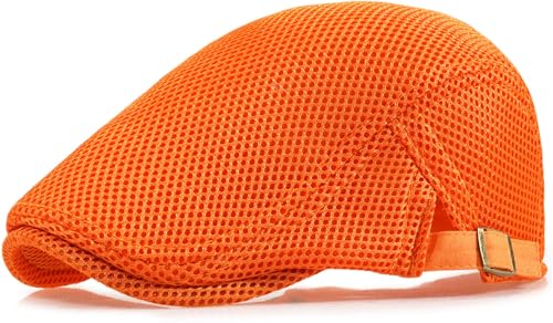 Xinveen Men's Mesh Cap Breathable Summer Newsboy Hat Adjustable Beret Ivy Cap Irish Cabbie Driving Hunting Hats - color: Orange