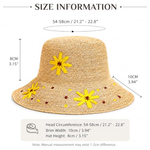 Natural Raffia Straw Bucket Hat for Women Sun Beach Handmade Raffia Woven Bucket Hat Foldable Summer Cap - color: Natural （sunflower）