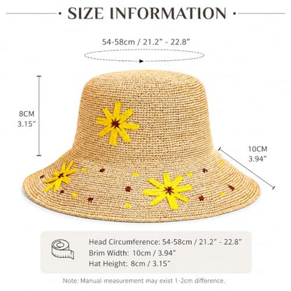 Natural Raffia Straw Bucket Hat for Women Sun Beach Handmade Raffia Woven Bucket Hat Foldable Summer Cap - color: Natural （sunflower）